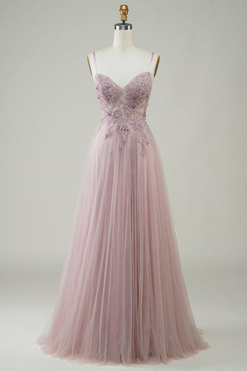 Sparkly Blush A-Line Tulle Long Formal Dress with Lace
